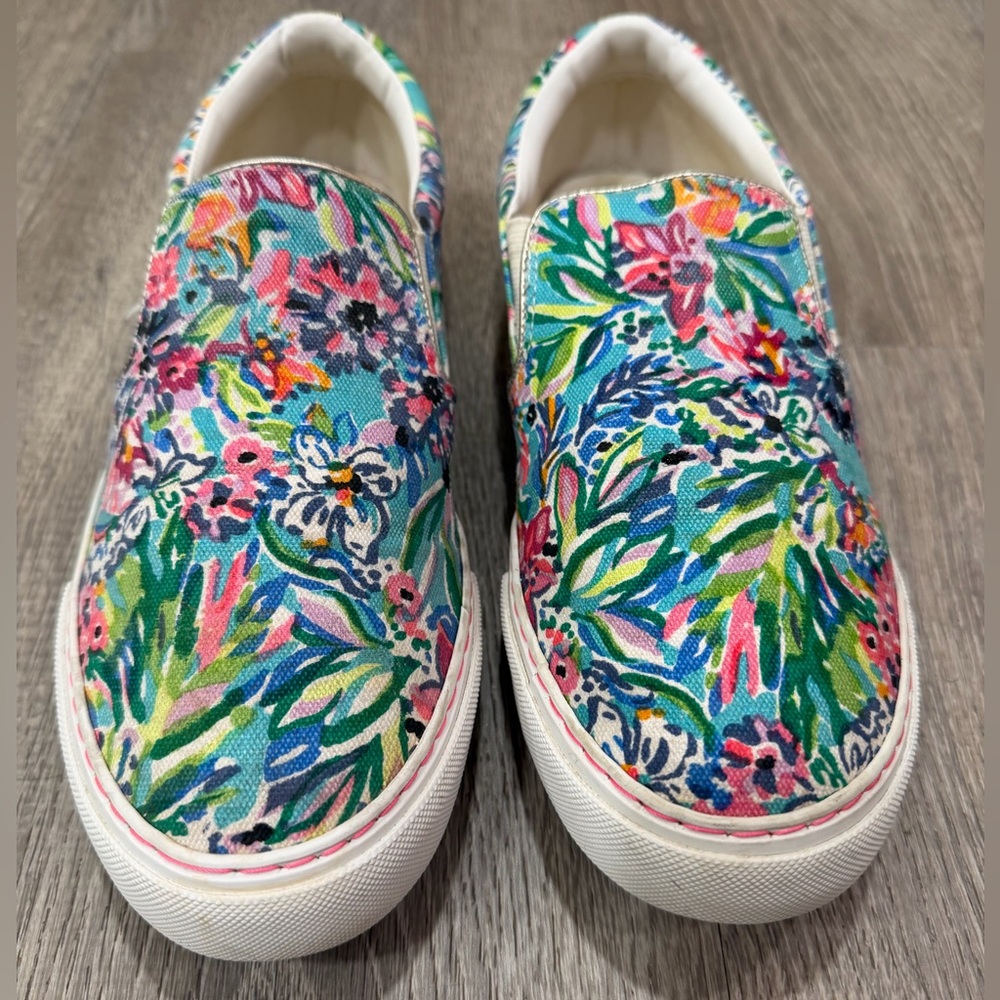 Lilly Pulitzer Julie Amalti Blue Alligator Canvas Slip-On Shoes size 9.5